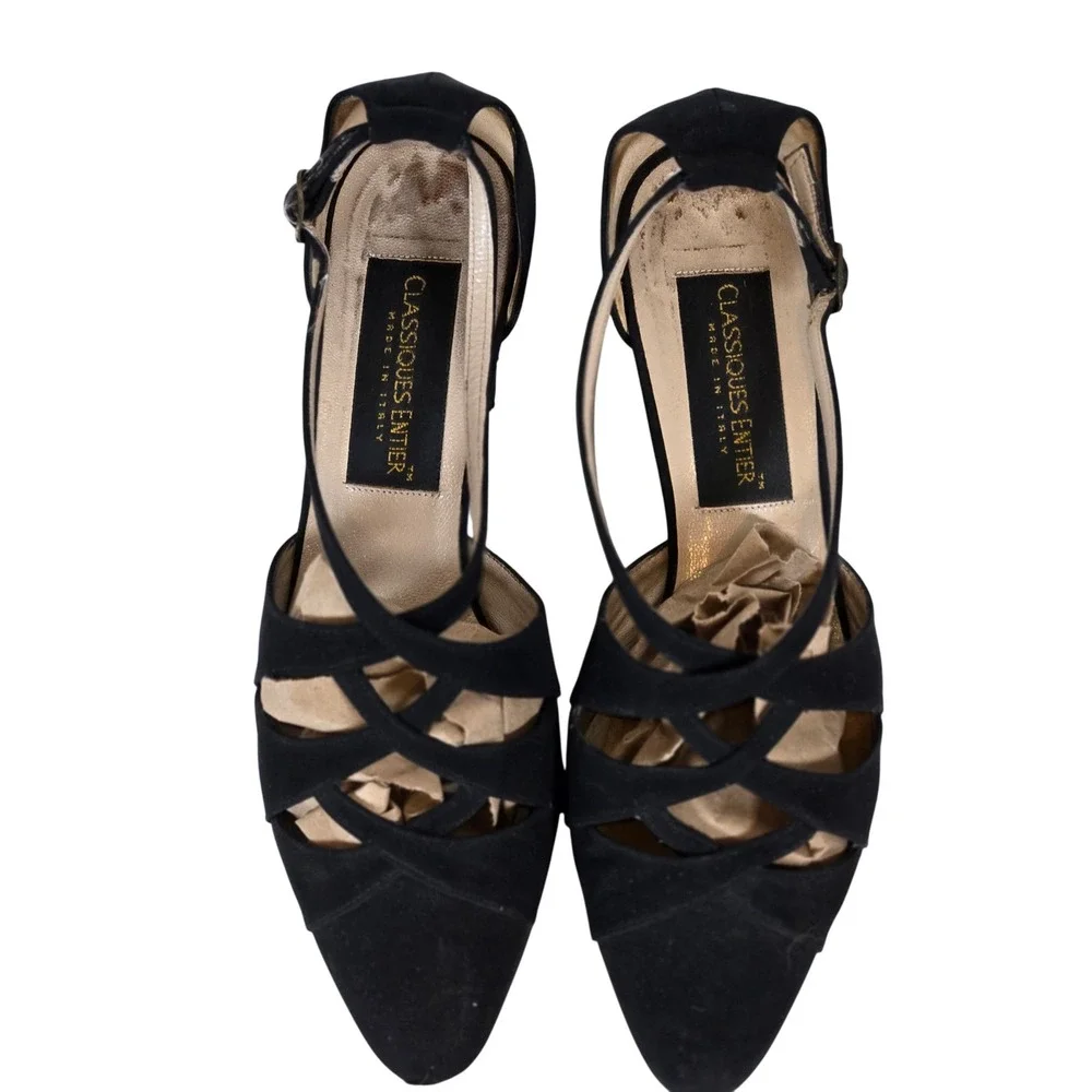 Classiques Entier Black Suede Leather‎ Heels Pointed Toe Strappy Dress Shoes